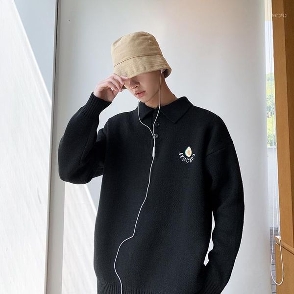 2019 winter new korean men's retro solid color knitting trend head thin hair embroidery street loose casual sweater1, White;black